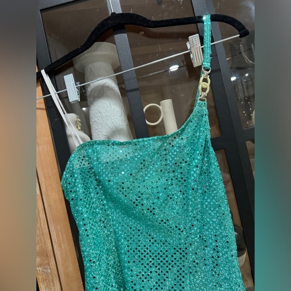 Vintage Y2K Turquoise Sequin One Shoulder Mini Dress Mona V Party 1990s - Picture 8 of 8